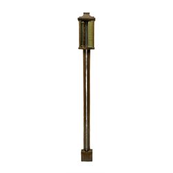 Replica 18th century mercury stick barometer, with a plain concave shaped top and square cistern cover, fully exposed cistern tube and engraved brass register with predictions, spirit thermometer recording the temperature in degrees Fahrenheit.