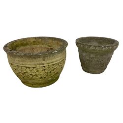 Circular cast stone garden planter decorated with flower head band (D44cm, H28cm); smaller planter (D34cm, H27cm); composite stone rusticated bird bath, octagonal top on tapering pedestal (W41cm, H65cm) (3)