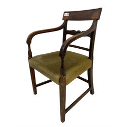 George III elm elbow chair, shaped pierced centre rail, two plank solid seat, raised on square supports with inner chamfer united by stretchers (W56cm H87); George III beech elbow chair, carved shaped centre rail flanked by reeded uprights, olive green upholstered seat (W53cm H84cm)