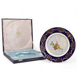 Spode commemorative European Community Cup, 1973, H16cm, European Community Plate, 1973, D27cm and Spode York Minster Plate, 1972, D27cm, all cased with certificates (3)