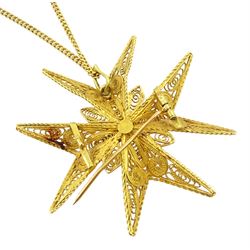 18ct gold filigree Maltese cross pendant / brooch, on 18ct gold chain necklace