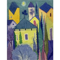 Giuliana Lazzerini (Italian/Yorkshire 1951-): 'Village and the Moon', watercolour signed 14cm x 10.5cm