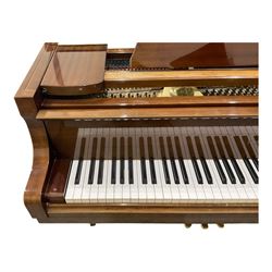 Yamaha - Baby Grand piano in mahogany polyester finish case,  G1 model, serial No 4741647, cast overstrung frame with 88 keys and seven octave compass, original stringing, tuning pins, hammers, dampers and felts, sostenuto, una corda and sustain pedals, with a solid music desk and tapered legs on brass castors.   