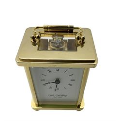 William Widdop - 20th century 8-day  brass cased carriage clock with an enamel dial, Roman numerals, minute track and steel moon hands, single train timepiece movement with a lever platform escapement, housed in a bespoke leather case, with key. 