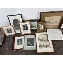 Pencil sketch of a French infantry man on guard later inscribed 'Paul Frenzeny' verso and dated 1914, together with a selection of engravings including portraits, classical and architectural scenes in one box (approx. 15)