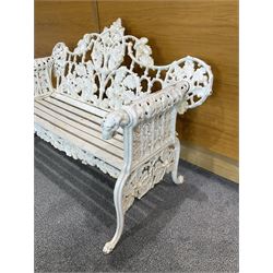 Coalbrookdale design - early 20th century cast iron oak leaf and acorn bench, white painted cast iron frame with slatted wooden seat, the pierced and shaped back decorated with scrolling oak branches and leafage, flanked by dog mask arm terminals over cabriole supports with paw feet 