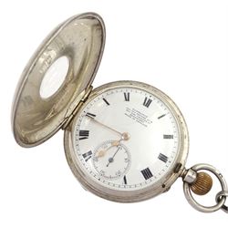 Early 20th century silver half hunter keyless lever pocket watch by Rotherhams, London, No. 373860, white enamel dial with Roman numerals and subsidiary seconds  dial, retailed by Dunklings Bourke St & Collins St, Melbourne, case hallmarked London 1912, on tapering silver Albert chain, each link hallmarked