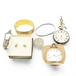 Victorian silver pocket watch key wound lever pocket watch, cream dial with Roman numerals and subsidiary seconds dial, case by John Hammon, London 1861, gold-plated keyless lever pocket watch, marcasite lorgnette watch, gilt bangle, silver bangle, coin and a pair of stone set stud earrings 