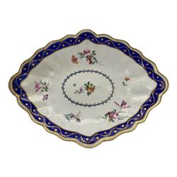 18th century Derby fluted lozenge shaped dish, in the manner of Edward Withers, painted with flower sprays within a blue and gilt leafy chain border, crown over D in blue, incised N, L26cm 