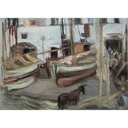 Continental School (Early 20th Century): Horse in the Harbour, oil on board signed with initials FN 18cm x 23cm 