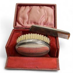  Silver backed hair brush and comb, cased, Birmingham 1927 Maker William Neale Ltd silver backed hand mirror, three silver handled button hooks, plated cutlery, 800 standard tea spoons etc