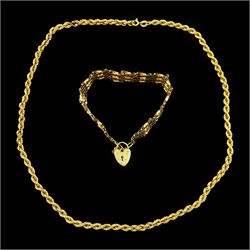 Gold five bar gate bracelet and a gold rope twist chain necklace, both 9ct