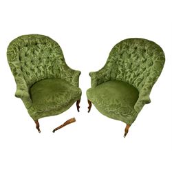 Pair of 20th century mahogany framed tub armchairs, upholstered in buttoned green damask fabric, on cabriole supports with brass castors