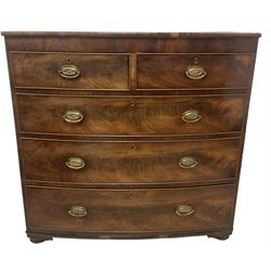 George III mahogany bow-front chest, fitted with two short over three long graduating cock-beaded drawers, on compressed bun feet