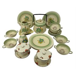 Clarice Cliff Honeydew pattern tableware comprising three dinner plates, two side plates, coffee pot, and preserve jar and biscuit barrel, set of six Clarice Cliff soup bowls and stands and other similar tableware 