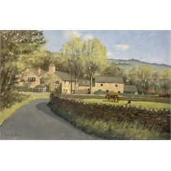 William Burns (Northern British 1923-2010): 'Mayfield Valley - Spring', oil on board signed, titled verso 40cm x 60cm
Provenance: Direct from the family of the artist. 
Notes: Born in Sheffield in 1923, William Burns RIBA FSAI FRSA studied at the Sheffield College of Art before the outbreak of the Second World War, during which he helped illustrate the official War Diaries for the North Africa Campaign, and was elected a member of the Armed Forces Art Society. On his return, he studied architecture at Sheffield University and later ran his own successful practice, being a member of the Royal Institute of British Architects. However, painting had always been his self-confessed 'first love', and in the 1970s he gave up architecture to become a full-time artist, having his first one-man exhibition in 1979.