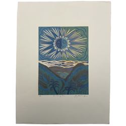 Gay Hutchings (British Contemporary): 'The Rising Sun', limited edition linocut screenprint signed titled and numbered 9/10 in pencil 30cm x 21cm (unframed)