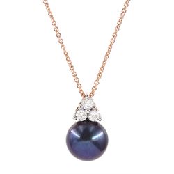 Rose gold three stone round brilliant cut diamond and black / purple cultured pearl pendant necklace