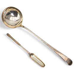 George III silver Old English pattern soup ladle with bright cut decoration London 1776 Maker possibly William Plummer and a George III silver double ended marrow scoop Maker possibly William Williams II