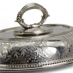 Pair of bright-cut engraved entree dishes and covers, by James Dixon & Sons, 30.5cm diameter