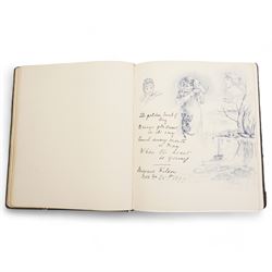 Late Victorian leather autograph album containing watercolour, pencil and pen and ink drawings, verse etc circa 1896 and a postcard album and contents of vintage cards (2)