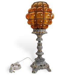 Vintage pierced brass table lamp in the form of an oil lamp, with amber glass shade, H62cm