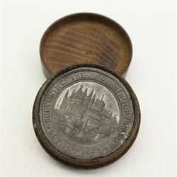 Selby Abbey 1907 souvenir lead medallion, in turned oak case, together with an Irish shillelagh club, L64cm 