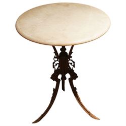 19th century cast iron and marble garden occasional table, circular marble top, pierced and foliate scrolled triform pedestal decorated with lion masks