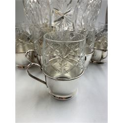 Art Deco German silver plate and cut glass punch bowl & cover, with ladle and twelve cut glass and silver plate cups, makers marks for Badische Metallwarenfabrik