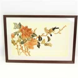 Turkish Baglama, framed Chinese print depicting a two birds perched on a blossoming branch, together with two Chinese embroidered (4)