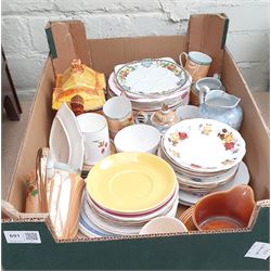 Collection of tea and dinner ware, including set of crescent & sons 'spring' design tea ware, Royal Adams Titian ware plates and two lidded tureens, novelty teapot etc, three boxes. 