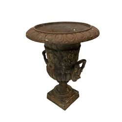 Pair of Victorian cast iron garden urns, egg and dart moulded rim, the body cast with acanthus leaf scrolls and gadrooned underbelly, mounted by lion bask handles, circular foot terminating to square base