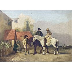 John Dalby of York (British 1810-1865): Gentleman and Horses Taking a Break at the Old Bell Pub, oil on canvas signed 20cm x 27cm