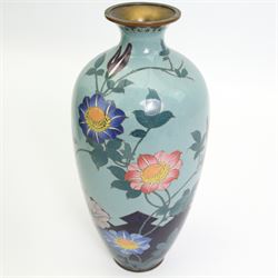 Three pairs of Japanese Cloisonne vases, each decorated with blossoming flowers, the blue ground vases decorated with wading storks, together with another Japanese Cloisonne vase, decorated with iris, H31cm max (7)