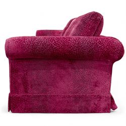 Parker & Farr - grande 8' four seat sofa, traditional shape with rolled arms, upholstered in fuchsia leopard print patterned fabric with loose seat cushions, on castors, upholstered by Dorothy Wightman Interiors