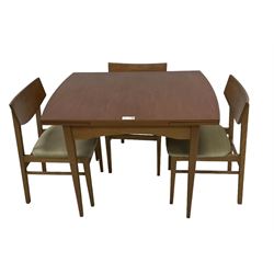 Mid-20th century teak extending dining table (H74cm, 98cm - 148cm x 76cm); and set three mid-20th century teak dining chairs