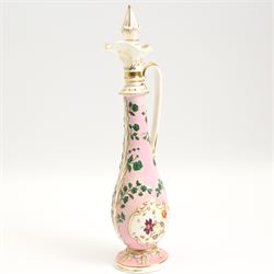 19th century porcelain scent or essence bottle, possibly by Henry & Richard Daniel, of baluster form, relief moulded with leaves and flowers and painted with panels of flowers,  with associated conical form stopper, H30.5cm together with a 19th century French scent bottle and stopper (2)