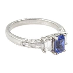 18ct white gold three stone radiant cut tanzanite and baguette cut diamond ring, with baguette cut diamond shoulders and round brilliant cut diamond sides, tanzanite approx 0.60 carat