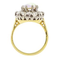 18ct gold opal and round brilliant cut diamond cluster ring, stamped, total diamond weight approx 1.00 carat