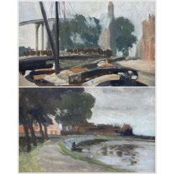 English Impressionist School (Early 20th century): Dutch Canal Landscape and Lakeside Landscape, near pair oils on canvas board unsigned max 24cm x 32cm