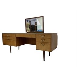 Meredew - mid-20th century teak dressing table, raised mirror back, fitted with seven drawers, on tapering supports