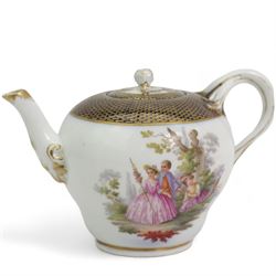 Pair of Meissen tea cups and saucers, encrusted with forget-me-nots and decorated with flowers and insects, raised on peg feet, H8cm and an early 20th century Meissen teapot, decorated with courting couples, H12cm (3)