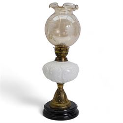 19th/ early 20th century brass oil lamp with opaque glass reservoir and black base, H54cm