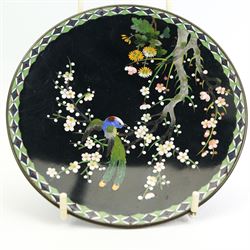 Chinese cloisonne bowl with inverted rim, decorated with geometric and floral design against a burnt orange ground, D21cm, a similar blue ground bowl, pepper pot and open salt, Japanese Inaba style cloisonne plate, decorated with an exotic bird amongst prunus, against a black ground, D15cm and another cloisonne dish (6)