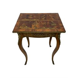 In the manner of Émile Gallé - late 19th to early 20th century inlaid walnut side table, rectangular top inlaid with Japonisme decoration depicting birds within trees, figured crossbanding and cast gilt foliate applied edge, single frieze drawer inlaid with scrolling brass work, on cabriole supports with ornate floral mounts