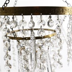 Three tier circlet electrolier hung with lustre drops and a glass and gilt metal hall lantern