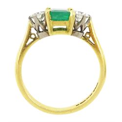 18ct gold three stone octagonal cut emerald and round brilliant cut diamond ring, Sheffield 1981, emerald approx 0.80 carat, total diamond weight approx 0.35 carat