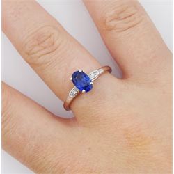 18ct white gold oval cut sapphire ring, with diamond set shoulders, hallmarked, sapphire approx 1.20 carat