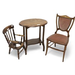 Early 20th century side table, oval top (62cm x 44cm, H70cm); late Victorian inlaid mahogany bedroom chair; 19th century elm and beech child's commode chair 