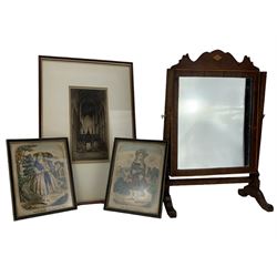 19th century dressing inlaid table mirror, H51cm and three framed engravings (3)